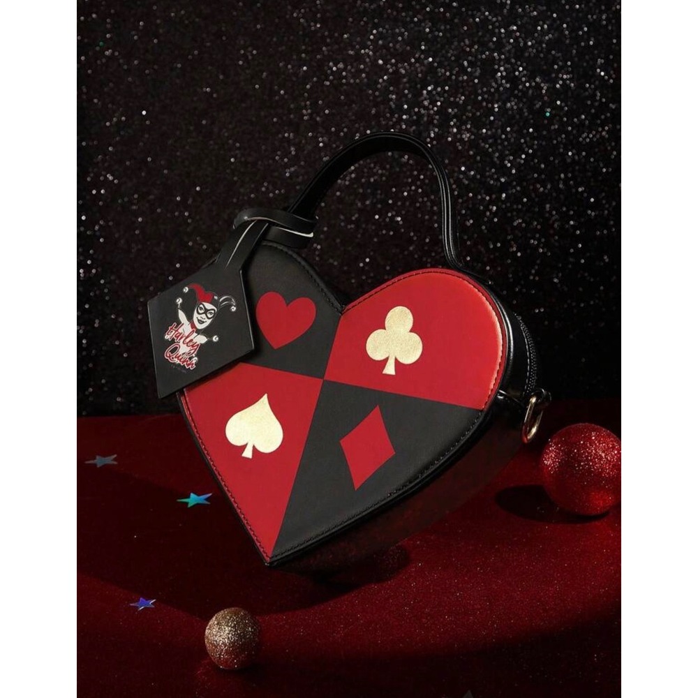 DC Comics Harley Quinn Heart Crossbody‎ Bag Red Black Playing Card Suits NEW